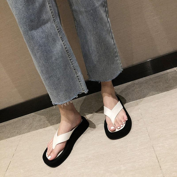 Black White Thick Bottom Flip Flops Women Famous Design Clip Toe Slippers Platform Slides Beach Comfort Thong Style Flip Flops Sandals For Women With Arch Support For Comfortable Walk