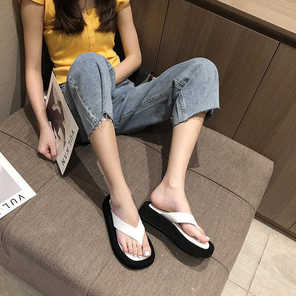 Black White Thick Bottom Flip Flops Women Famous Design Clip Toe Slippers Platform Slides Beach Comfort Thong Style Flip Flops Sandals For Women With Arch Support For Comfortable Walk