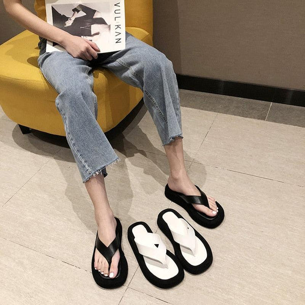 Black White Thick Bottom Flip Flops Women Famous Design Clip Toe Slippers Platform Slides Beach Comfort Thong Style Flip Flops Sandals For Women With Arch Support For Comfortable Walk