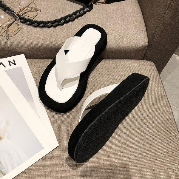 Black White Thick Bottom Flip Flops Women Famous Design Clip Toe Slippers Platform Slides Beach Comfort Thong Style Flip Flops Sandals For Women With Arch Support For Comfortable Walk
