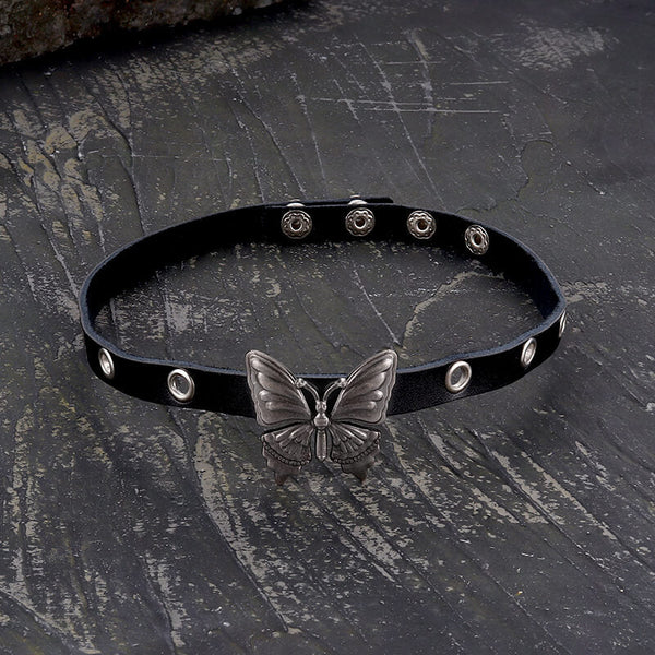Black Butterfly Design Alloy Leather Choker Necklace