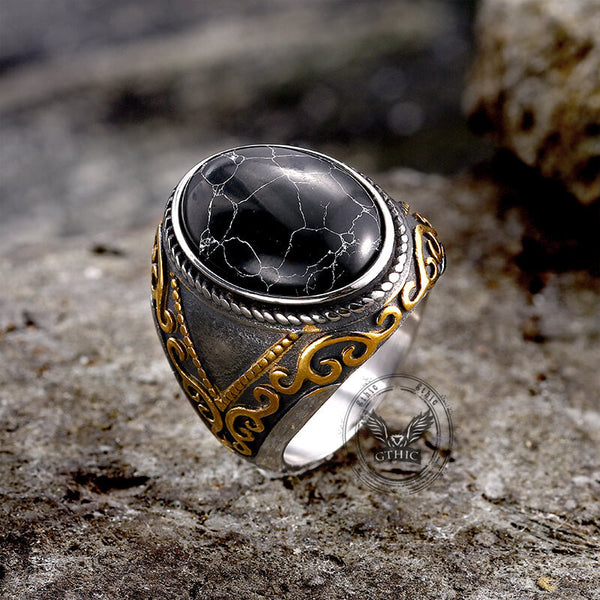 Black Crack Turquoise Patterned Stainless Steel Ring
