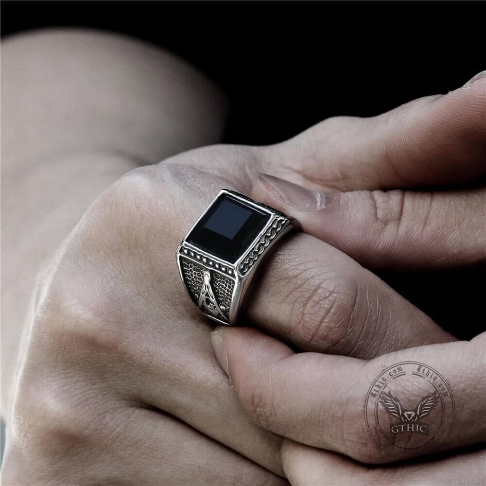 Black Gemstone Stainless Steel Masonic Ring
