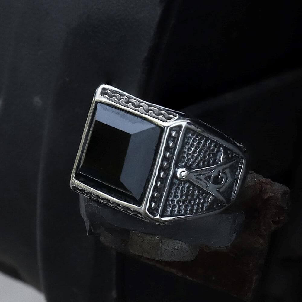 Black Gemstone Stainless Steel Masonic Ring