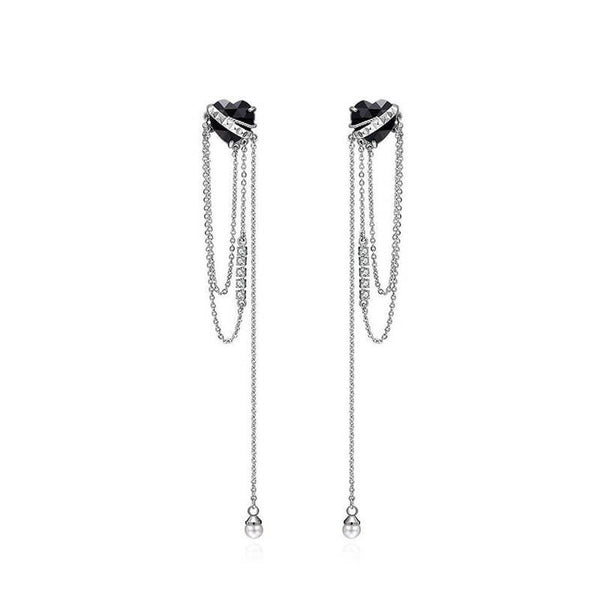 Black Heart-shaped Zircon Tassel Alloy Earrings