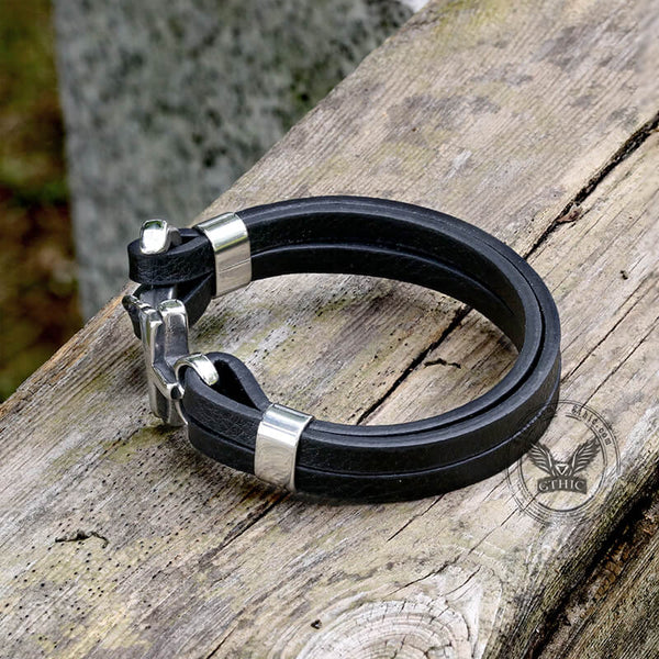 Black Leather Anchor Stainless Steel Marine Bracelet