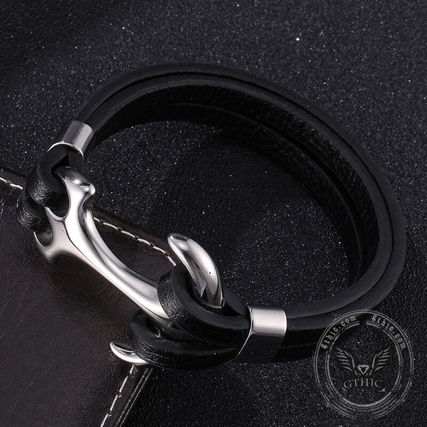 Black Leather Anchor Stainless Steel Marine Bracelet