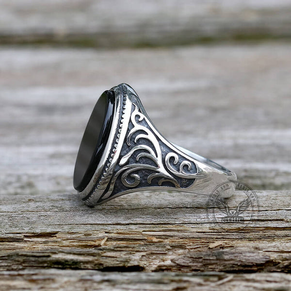 Black Oval Agate Carved Stainless Steel Ring