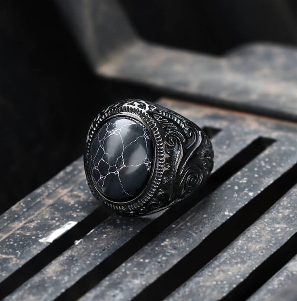 Black Turquoise Patterned Stainless Steel Ring