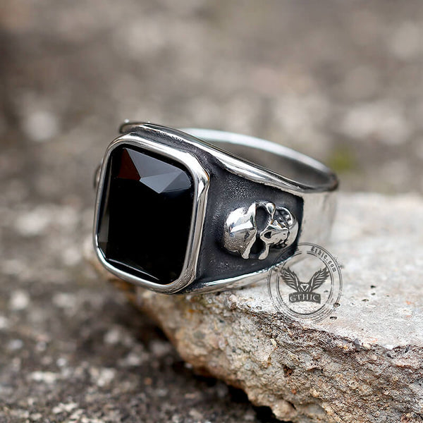 Black Square Gem Stainless Steel Skull Ring