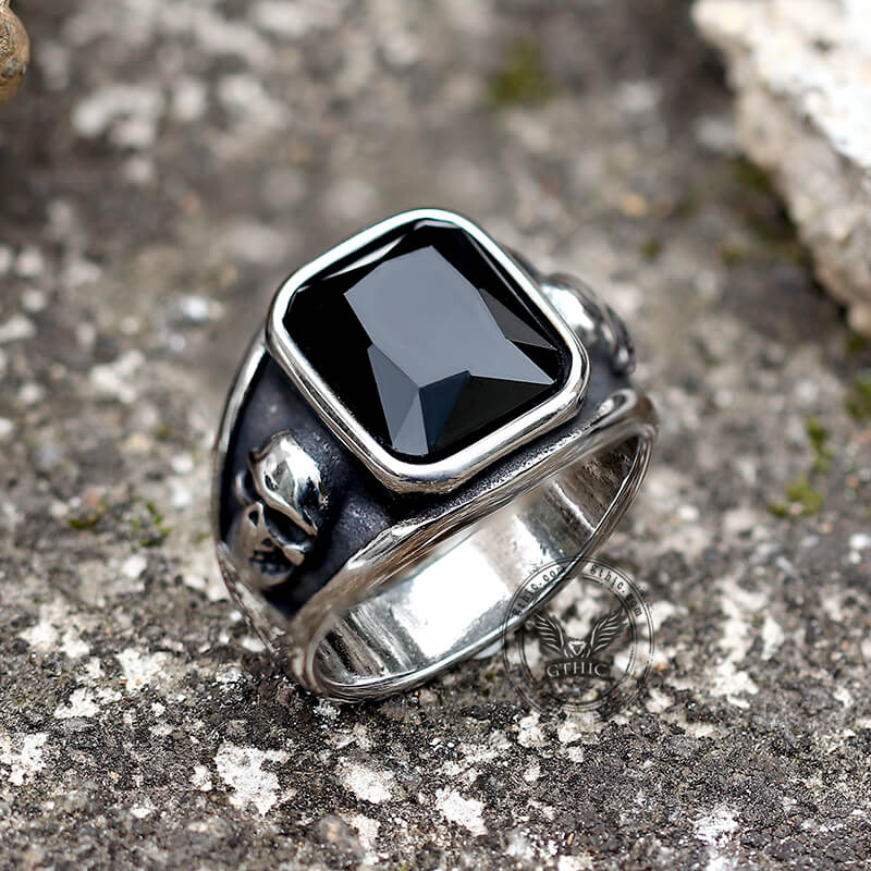 Black Square Gem Stainless Steel Skull Ring