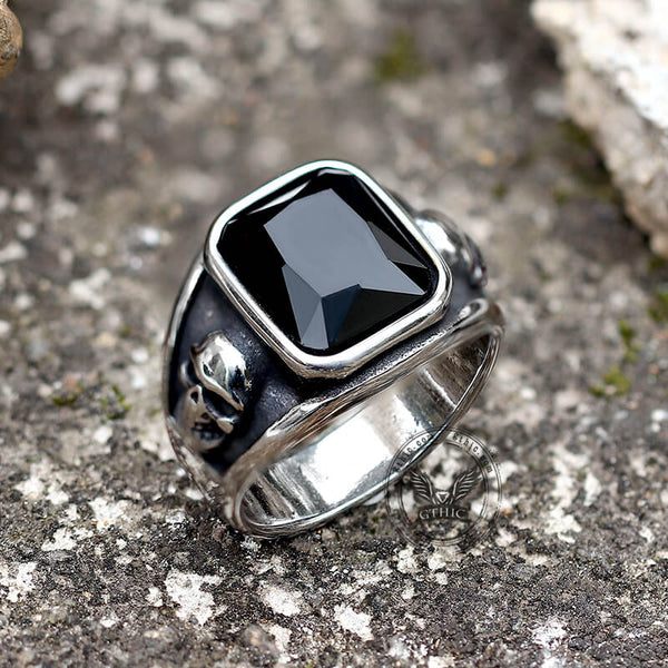 Black Square Gem Stainless Steel Skull Ring