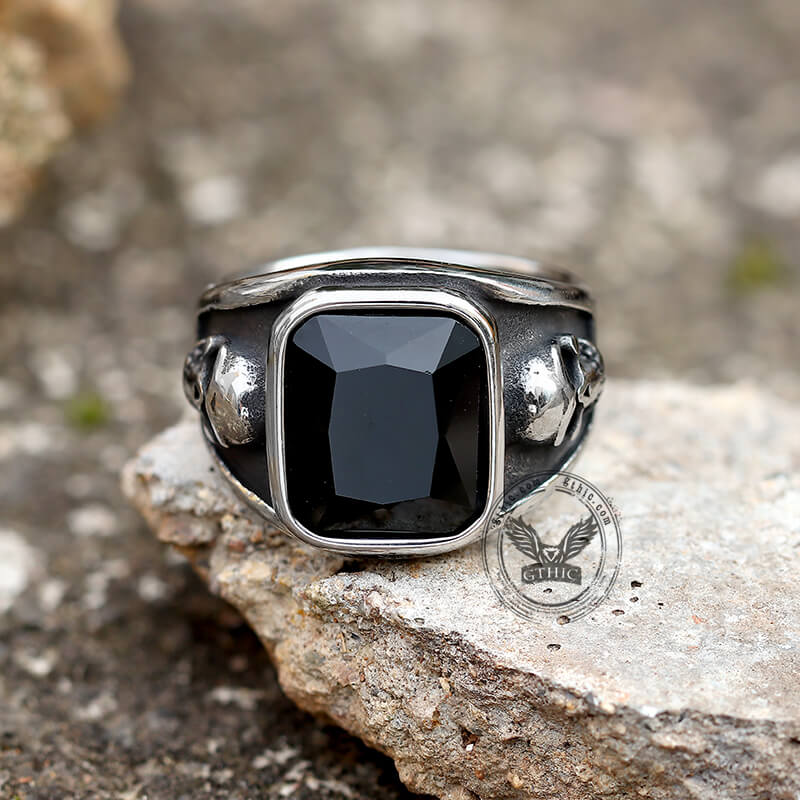 Black Square Gem Stainless Steel Skull Ring