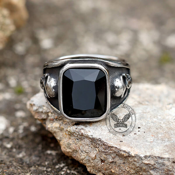 Black Square Gem Stainless Steel Skull Ring