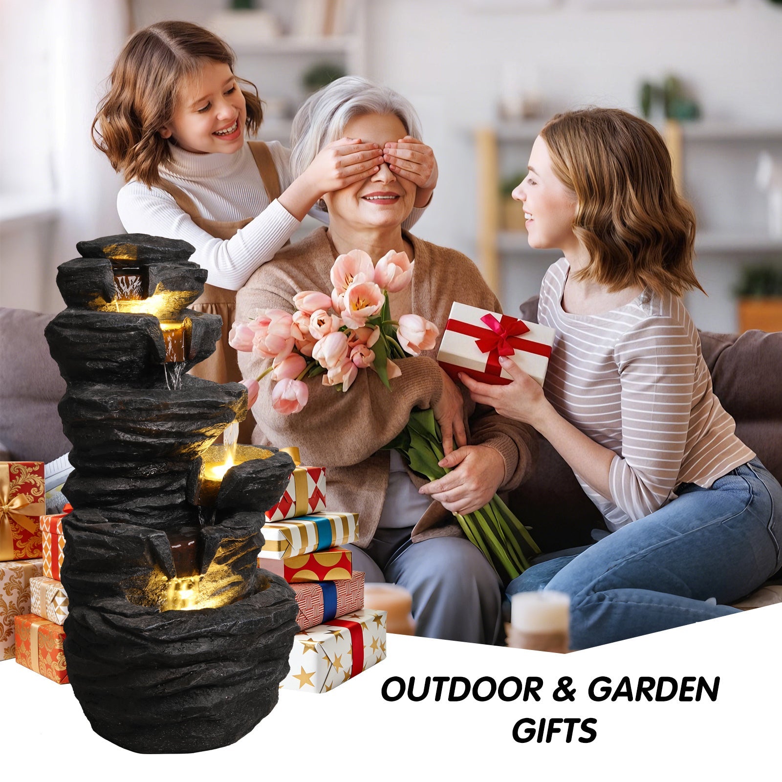 Resin Stacked Rock Fountain Outdoor with LED Lights