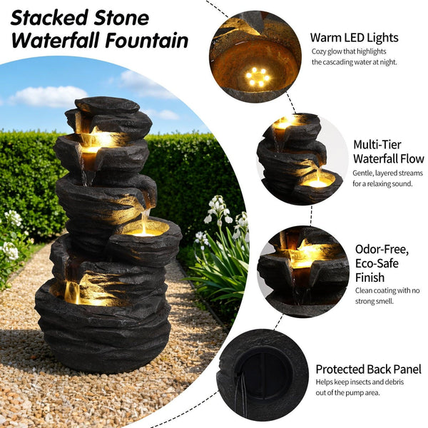 Resin Stacked Rock Fountain Outdoor with LED Lights
