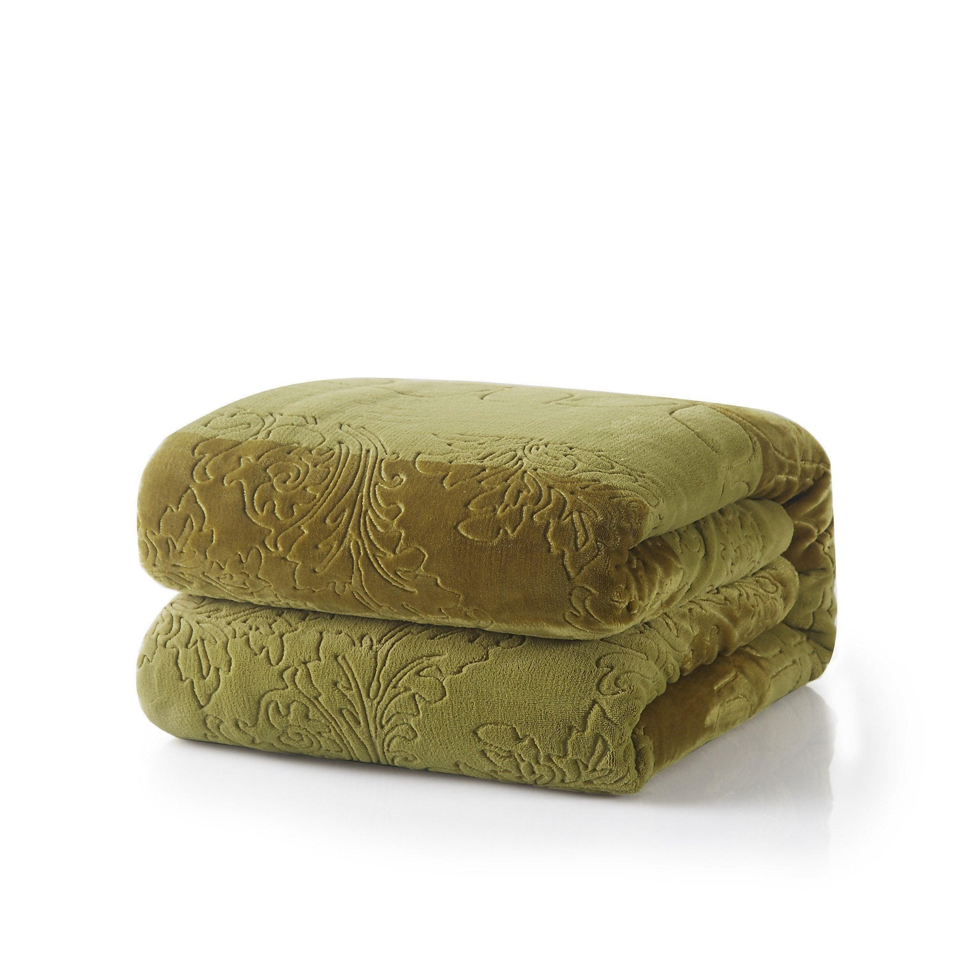 Tache Solid Embossed Green Olive Sherpa Throw Blanket
