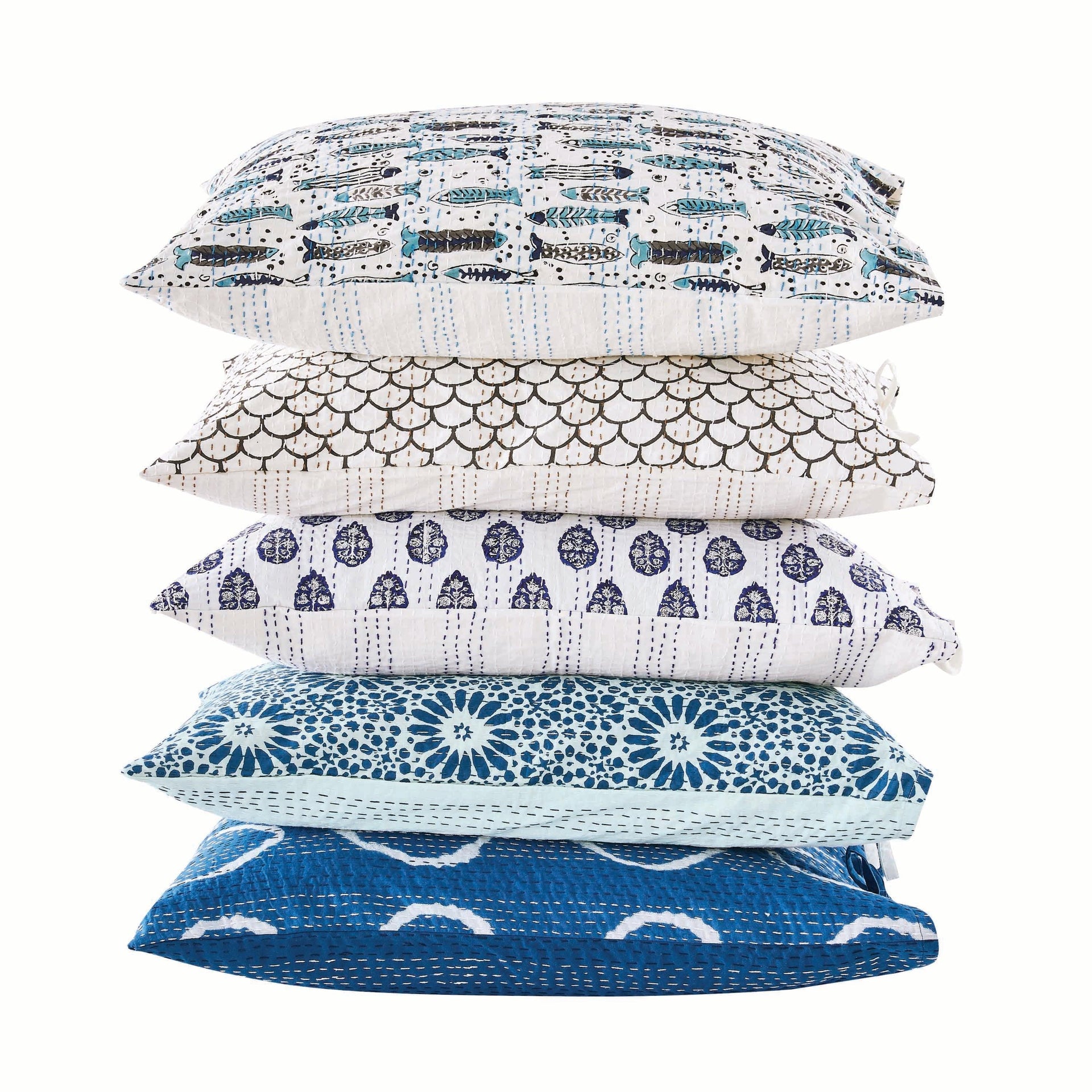 Hand Stitched Block Print Kantha Pillow Sham Pairs