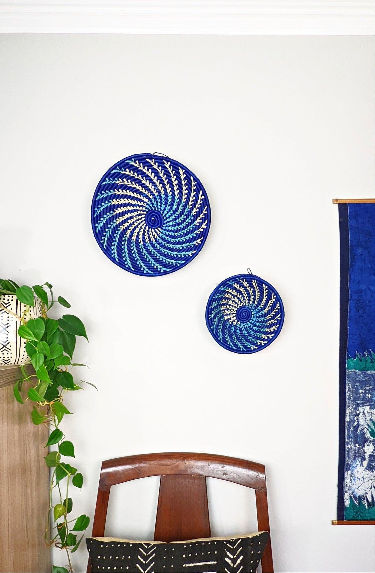 Blue White Woven African Wall Storage Baskets Set of 2