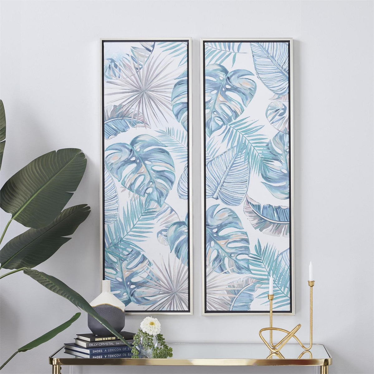 Blue Canvas Leaf Tropical Framed Wall Art with Silver Frame, Set of 2