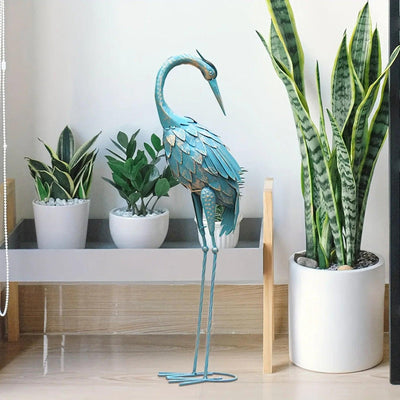 Blue Metal Crane Garden Statue Outdoor Sculpture