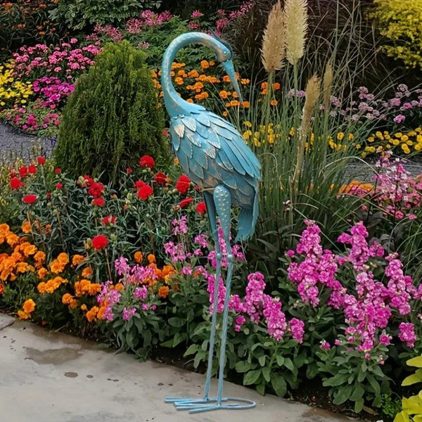Blue Metal Crane Garden Statue Outdoor Sculpture