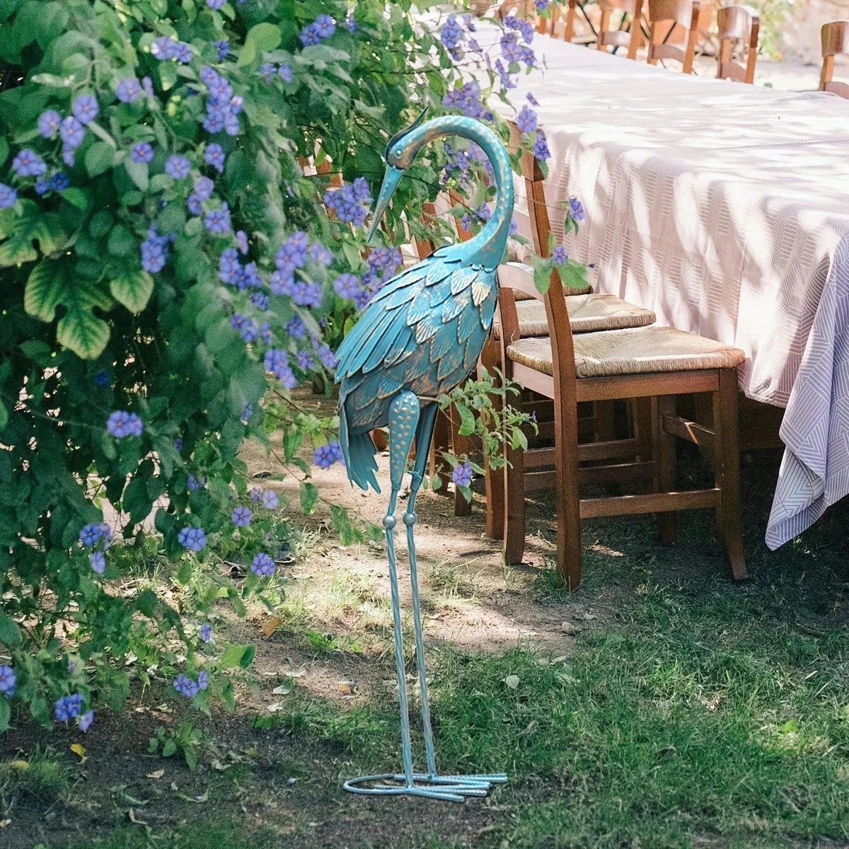 Blue Metal Crane Garden Statue Outdoor Sculpture