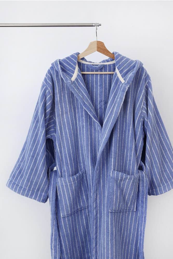 Blue Retro Hooded Stripe Bathrobe, 100% ORGANIC Long-stapled Cotton