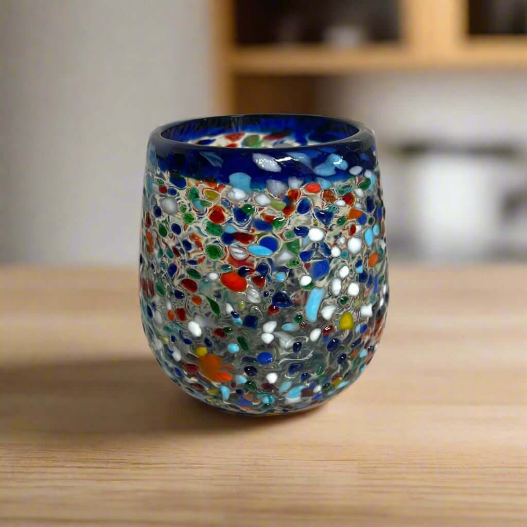 Blue Rim Confetti Wine Glass | Hand-Blown Mexican Stemless Cup