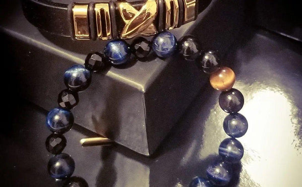 Blue Tiger Eye and Leather Bracelet set