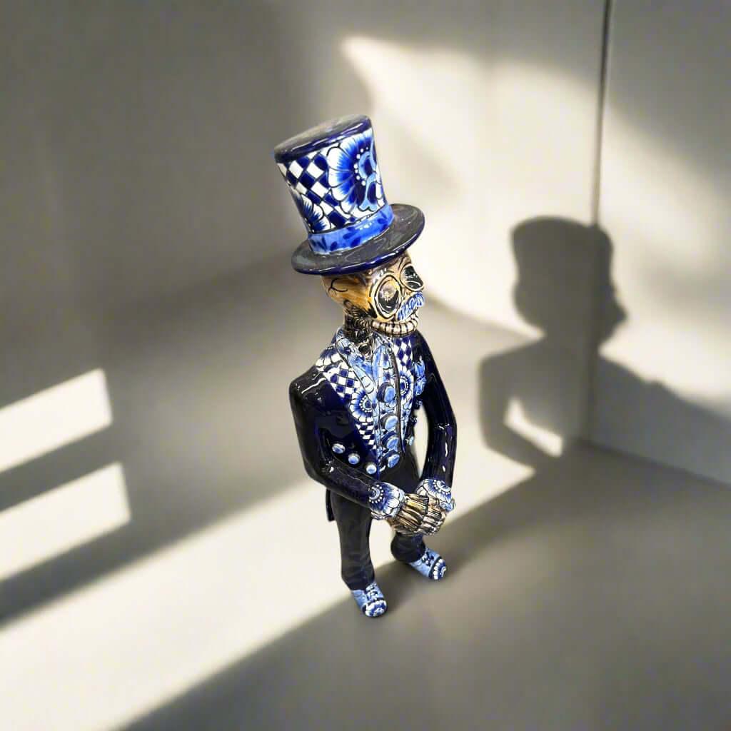 Blue & White Talavera Catrin Statue | Day of the Dead Figurine