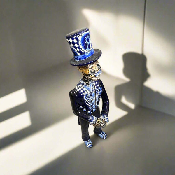 Blue & White Talavera Catrin Statue | Day of the Dead Figurine