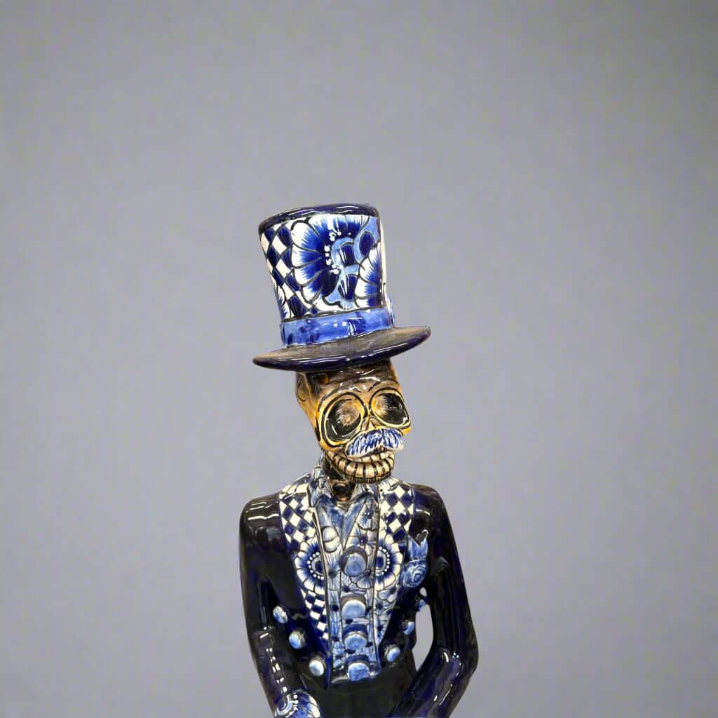 Blue & White Talavera Catrin Statue | Day of the Dead Figurine