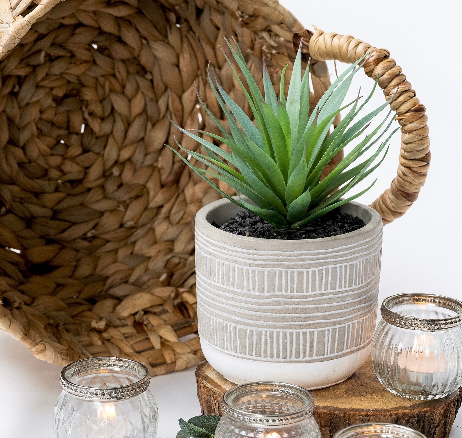 Artificial succulent plant in stripe patterned concrete pot 8