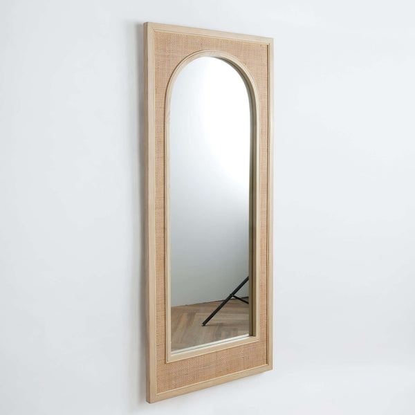Boho Rattan Wall Mirror in Tall Arched Design