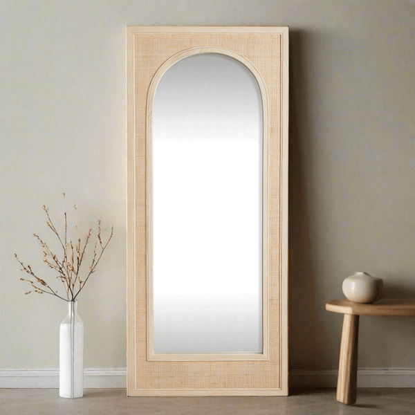 Boho Rattan Wall Mirror in Tall Arched Design