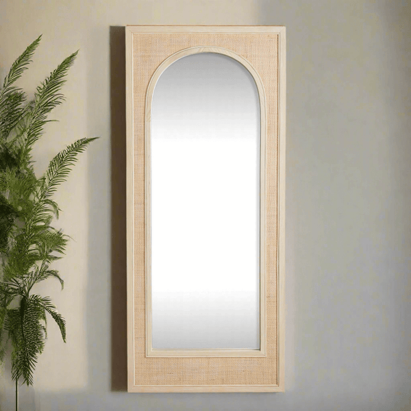 Boho Rattan Wall Mirror in Tall Arched Design
