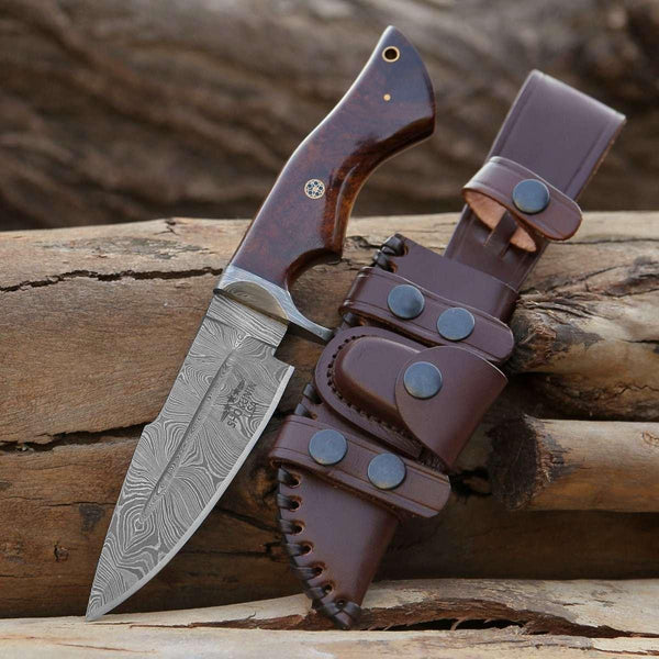 Bolt Damascus Custom Hunting Knife with Exotic Rose Wood Handle - Gifts for You 'n Me