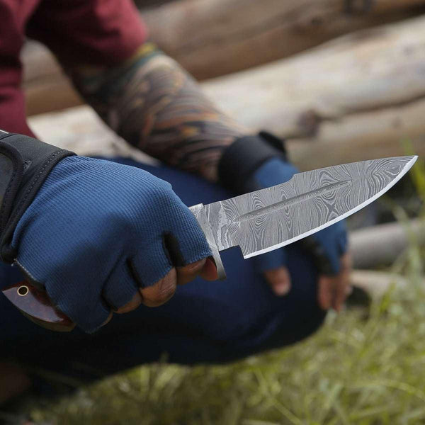 Bolt Damascus Custom Hunting Knife with Exotic Rose Wood Handle - Gifts for You 'n Me