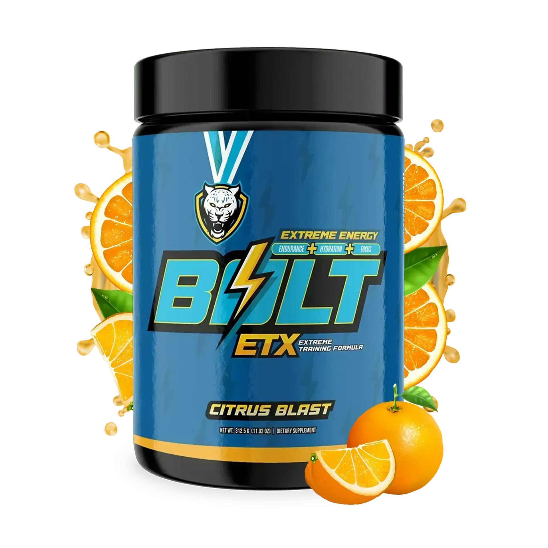 Bolt ETX supplement container with citrus blast flavor on a white background