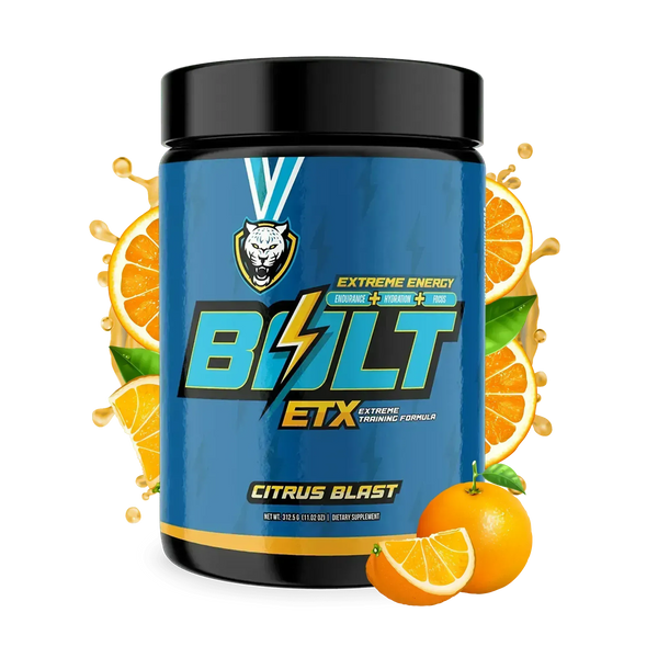 Bolt ETX supplement container with citrus blast flavor on a white background