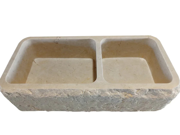 Botticino Beige Marble Farmhouse Apron Kitchen Double Sink (W)16