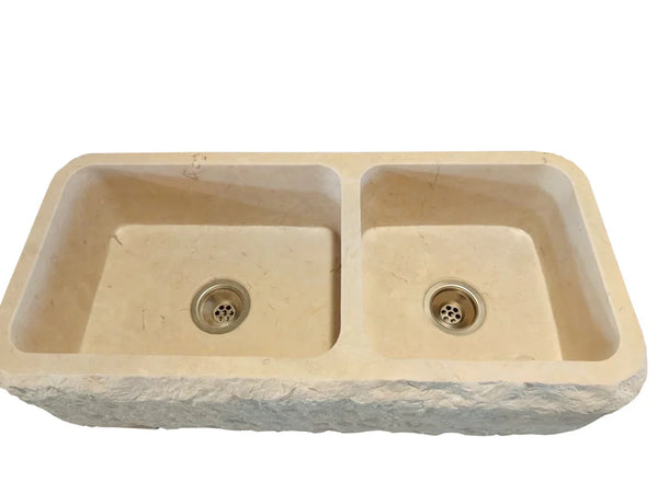 Botticino Beige Marble Farmhouse Apron Kitchen Double Sink (W)16