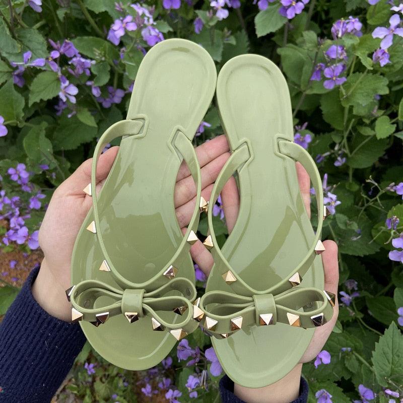 Bowknot Sandals Summer Woman Beach Flip Flops Beautiful Shoes PVC Slides Girls Sandals Slip On Flat Dress Sandals Summer Fashion Cute Flat Slip On Slides Flip Flops