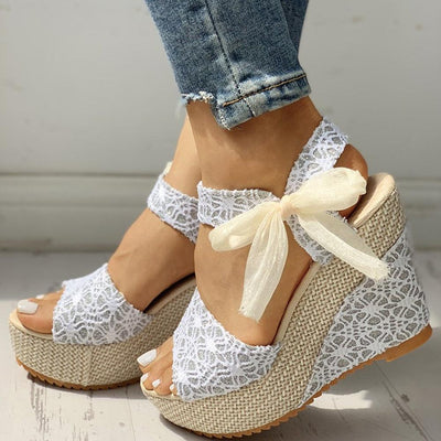 Bowknot Women High Heeled Shoes Summer Sandals Party Platform High Heels Shoes Lace Up Platform Beautiful Sandals Ankle Strap Slingback Dress Shoes
