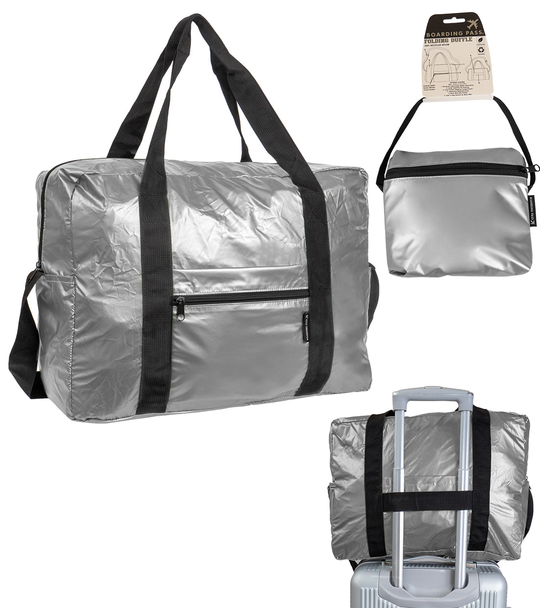 Boarding Pass Recycled Metallic Foldable & Packable Pouch Duffel Travel Bag