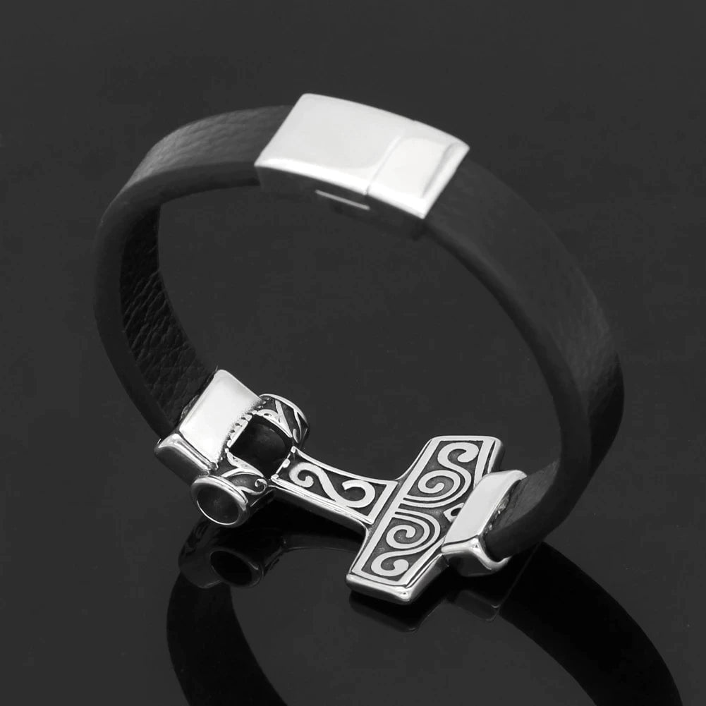Vikings Mjolnir Stainless Steel Real Leather Bracelet Ancient Treasures