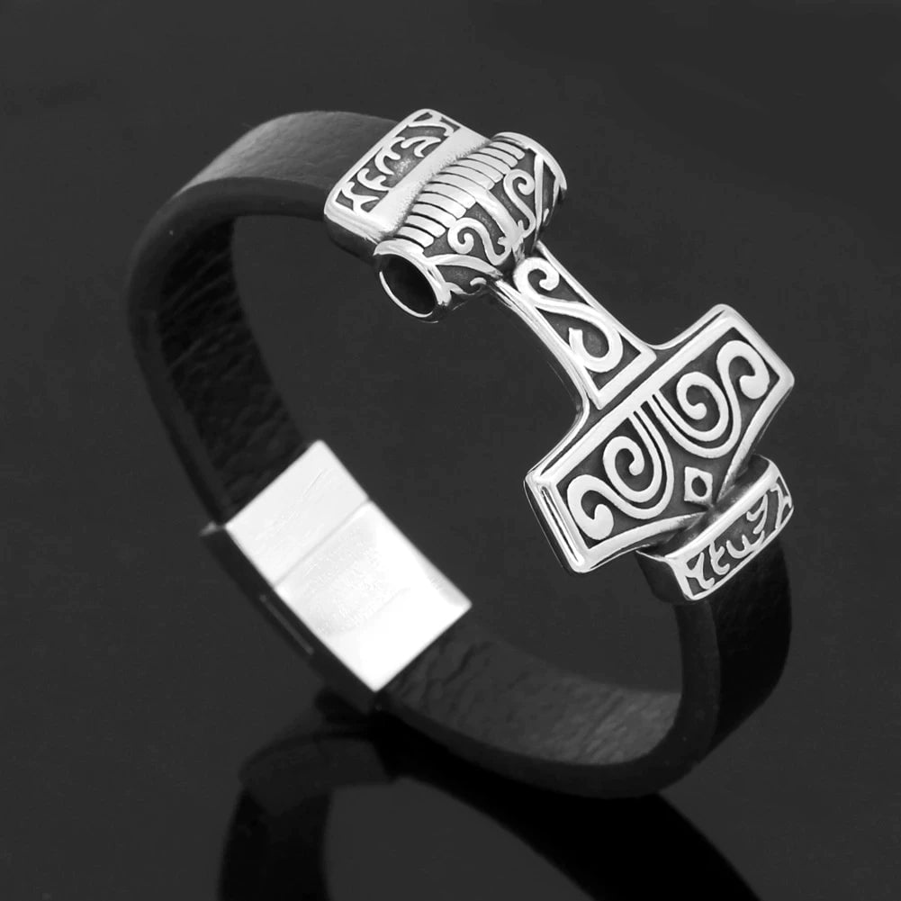 Vikings Mjolnir Stainless Steel Real Leather Bracelet Ancient Treasures