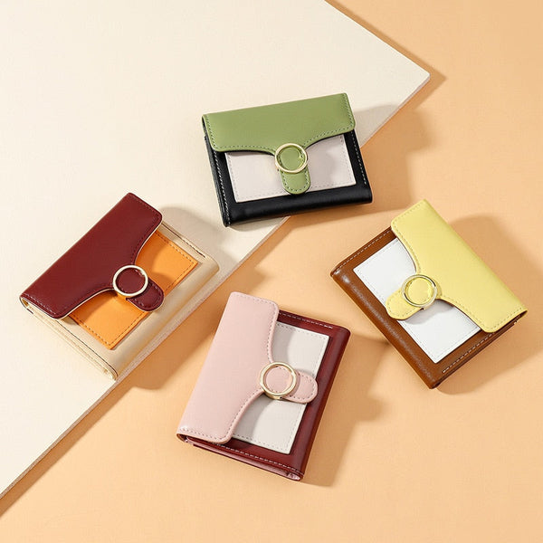 Brand Designer Geometric Panelled Trifold Women Wallet Pu Leather Zipper Coin Ladies Small Purse Card Holder Short Female Wallet