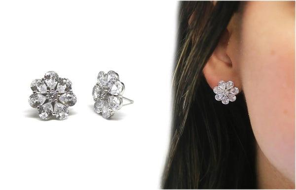18k White Gold Plated Crystal Floral Stud Earrings - Gifts for You 'n Me